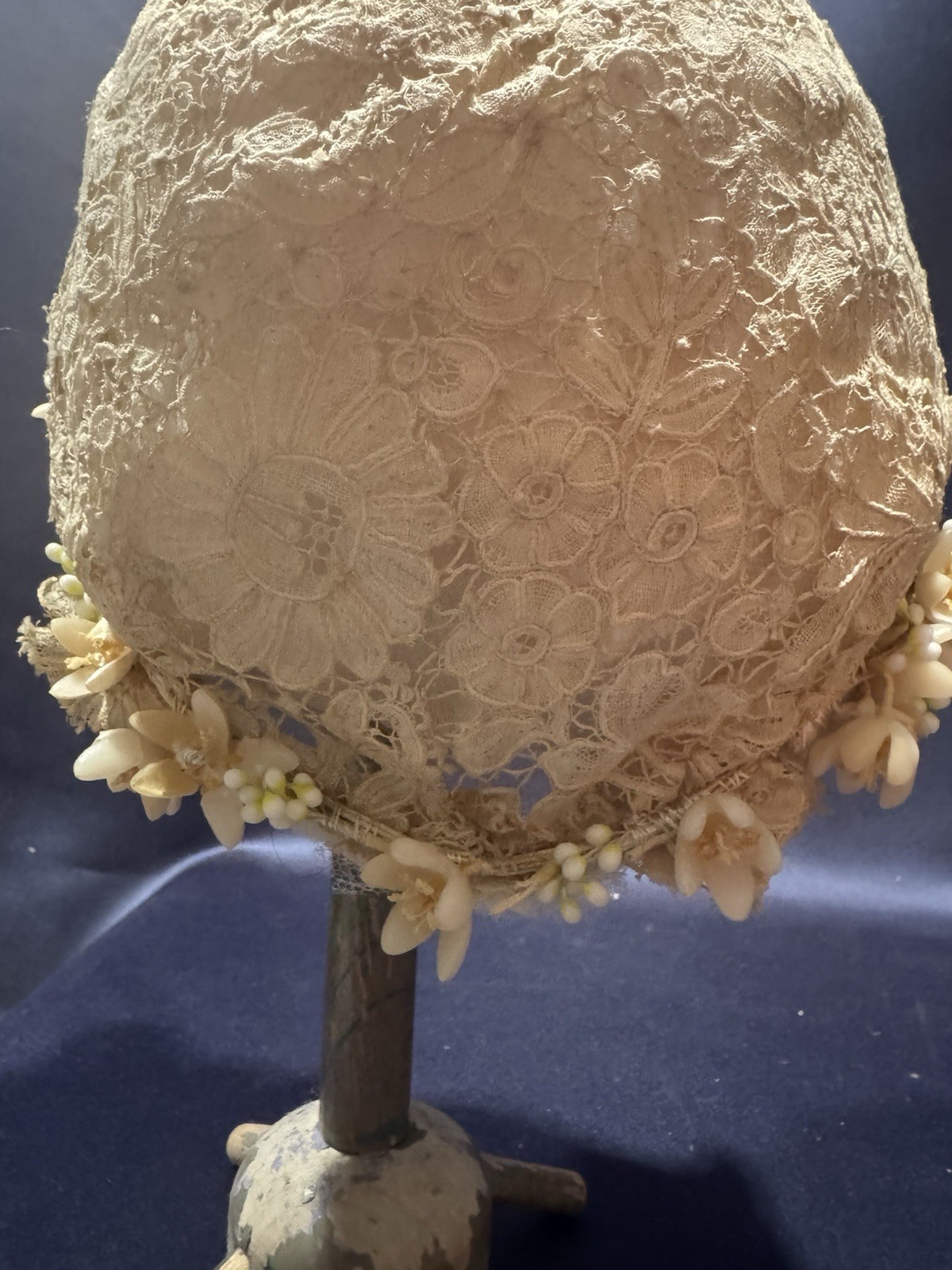 Antique Handmade Point de Gaze Lace Bridal Headpiece With Wax Flowers CreamColor