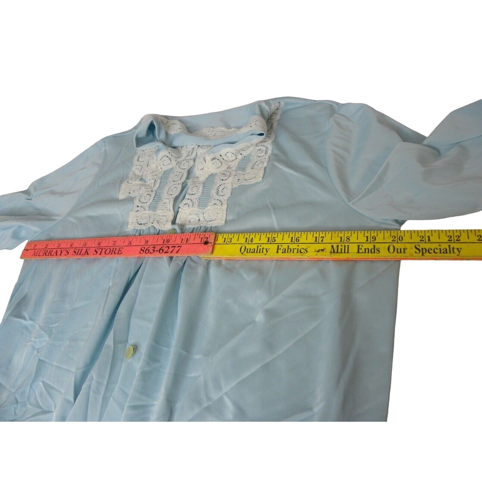 Vintage Komar Blue Nylon Robe Average Medium 3/4 Sleeve Lace Trim Button Front