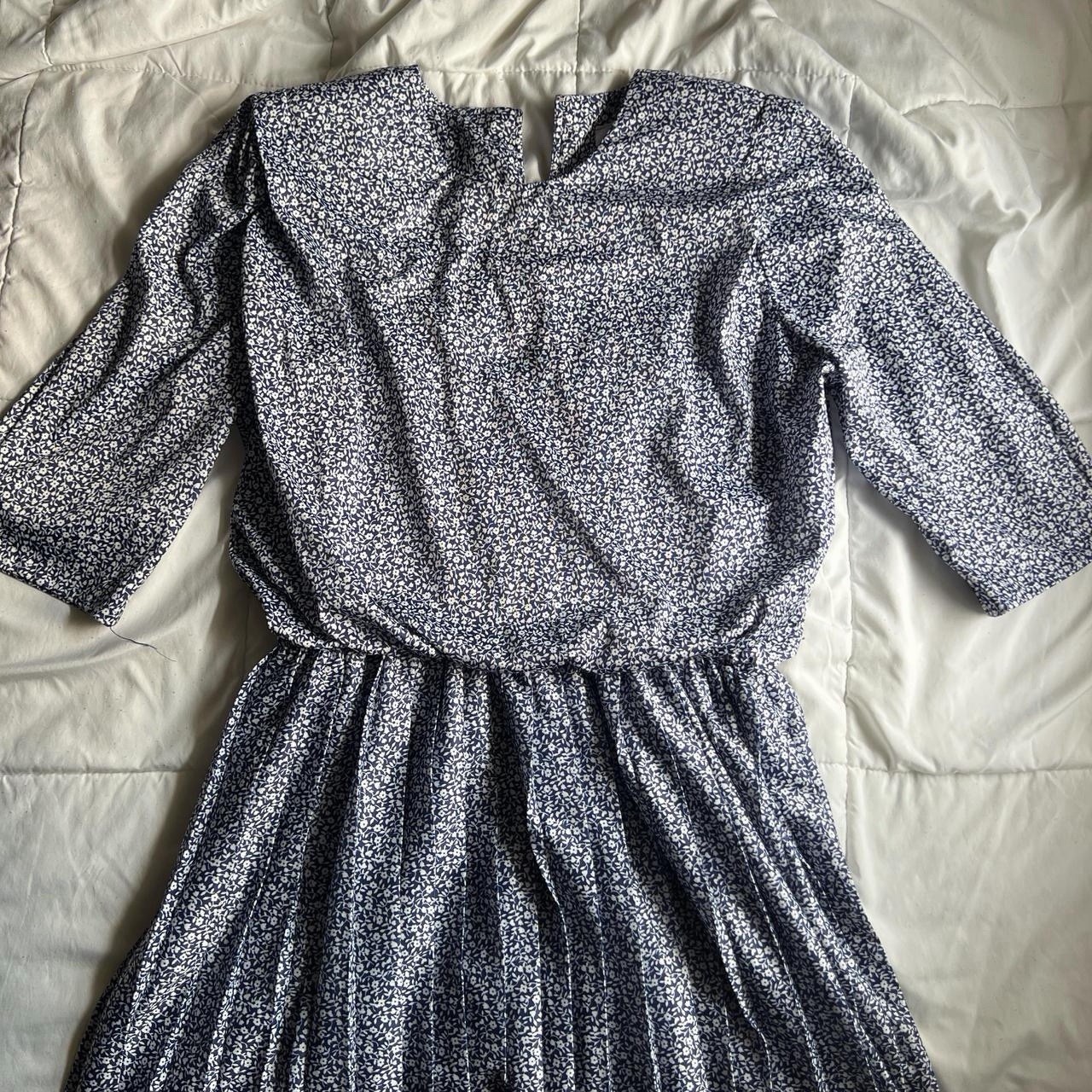 Vintage Pleated Dress Navy White Floral Polka Dot Long Sleeve