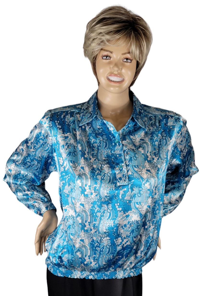 Vintage Da-Rue Of California Abstract Blue Collared Satin Blouse Top Stretch 16