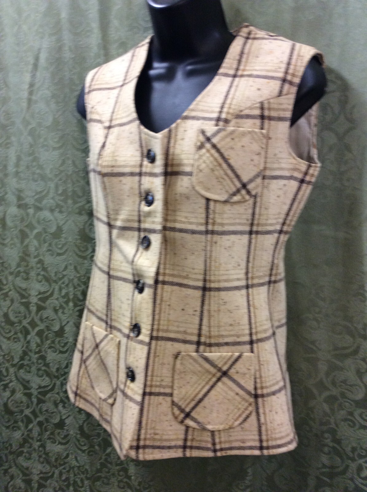 wool Suit XS 34 top 22X28.5 pant tan Brown 2 Piece Pant Suit Vintage 70’s plaid