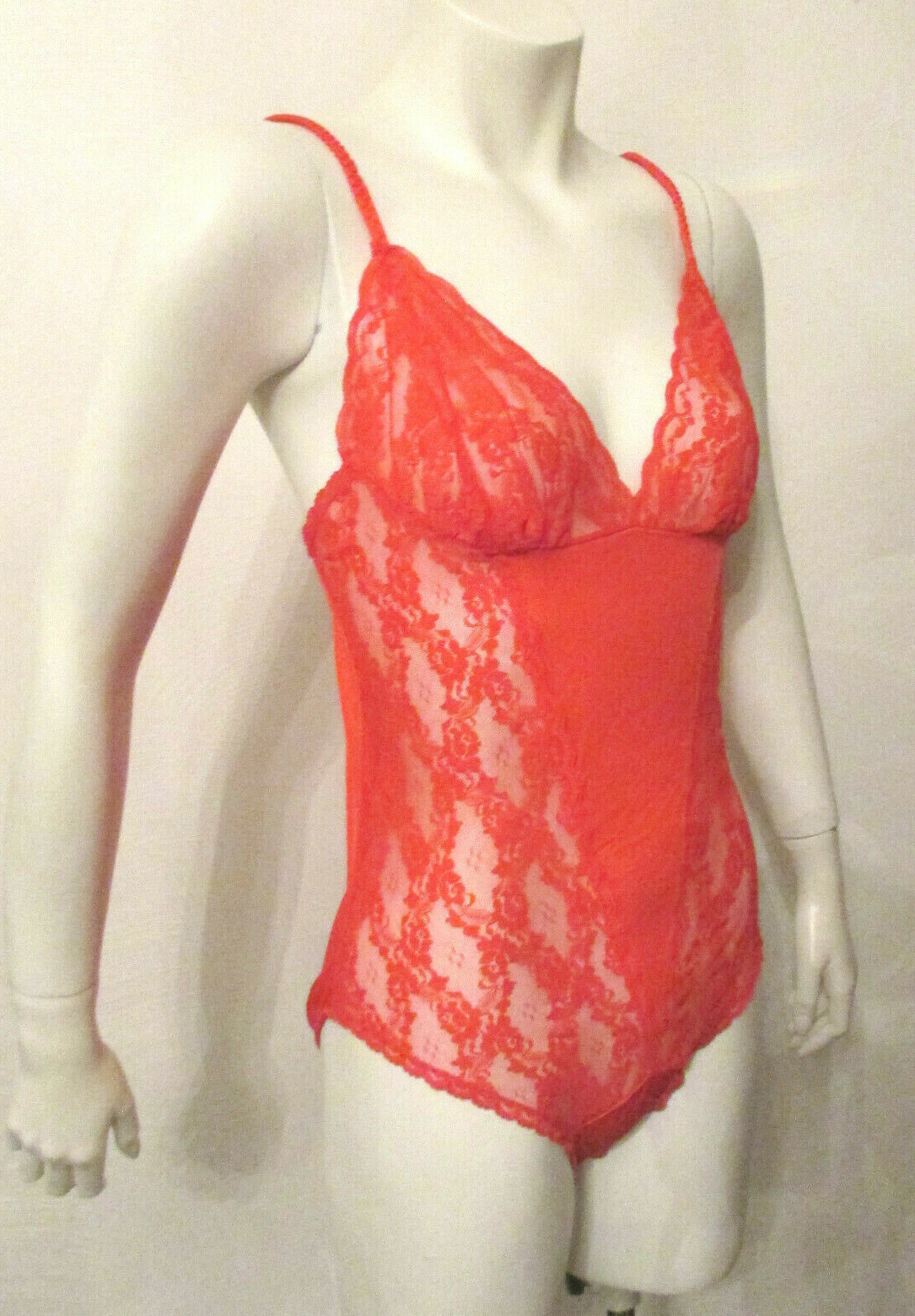 Vtg Chic Lingerie Sheer Red Nylon Lace Trim Hi-Cut Teddy Romper Bodysuit M USA