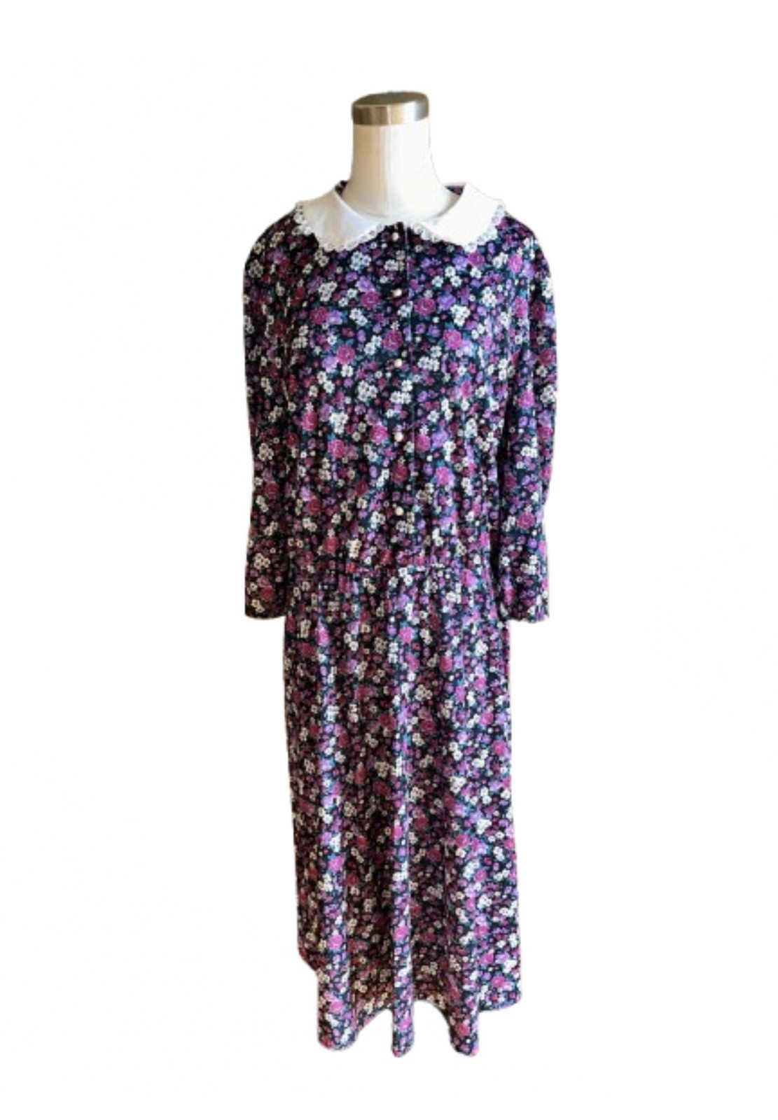 Vintage Sue Sherry Floral Prairie Maxi Dress Peter Pan Collar Pearl Buttons USA