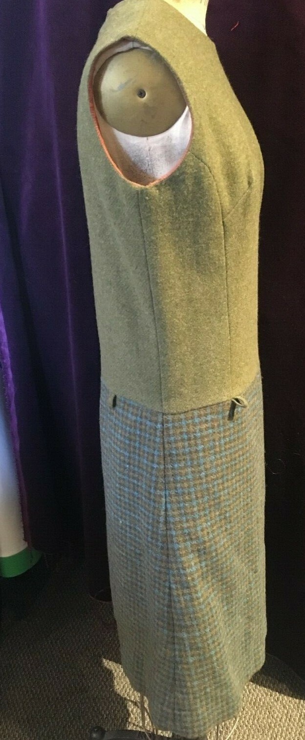 Vintage 1970s Olive Green Wool Shift Dress with Patterned Skirt