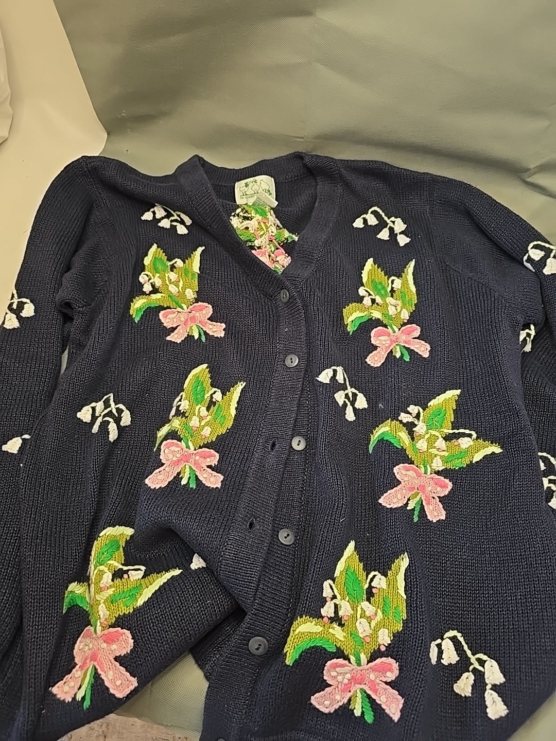 Vintage THE QUACKER FACTORY Cardigan Sweater Blue Fleur and bell flower womens