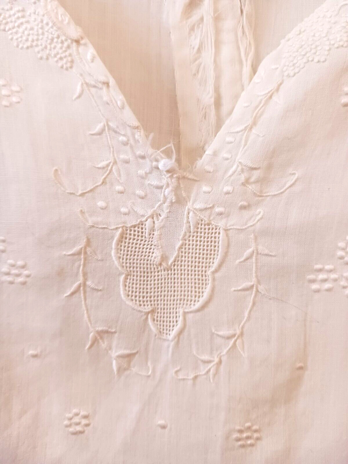 Antique Edwardian Long White Cotton Shift or Under Dress 44″ Embroidered FLAWS