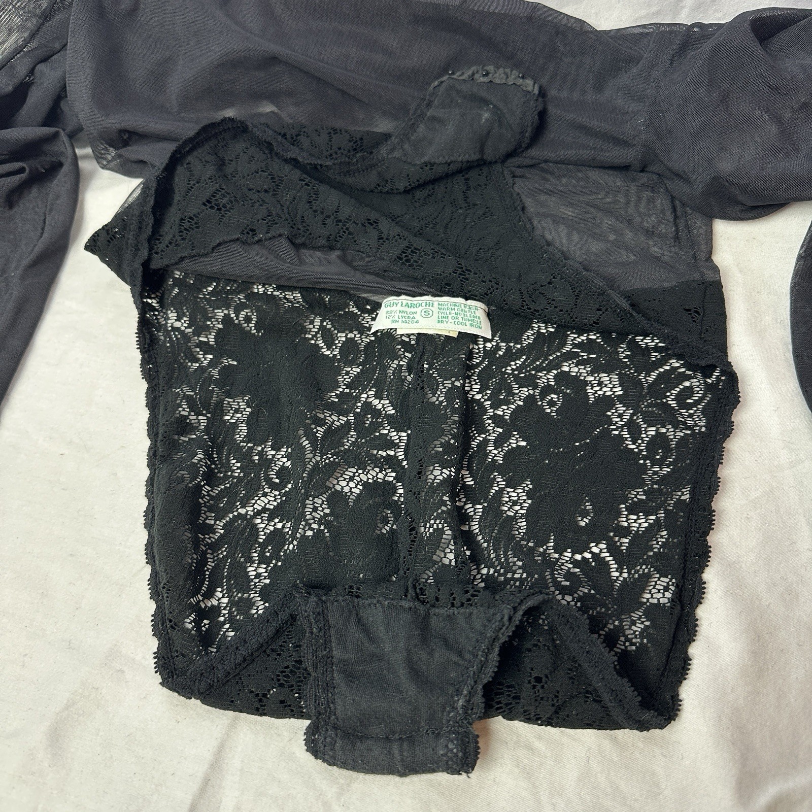 Vtg 80s Guy Laroche Black Sheet Bodysuit Teddy Romper Lace Bottom Sz S Nylon