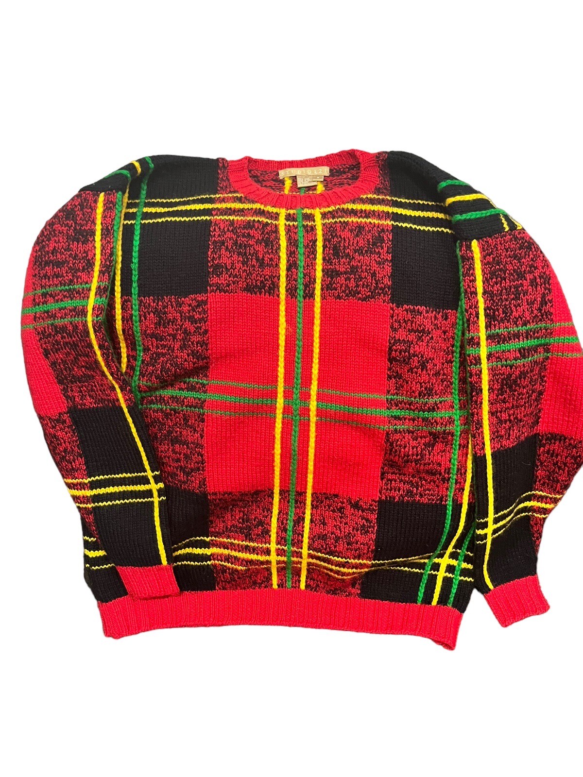 VTG Studio 121 Red/Black/Yellow Plaid Wool Knit Pullover Sweater Size M