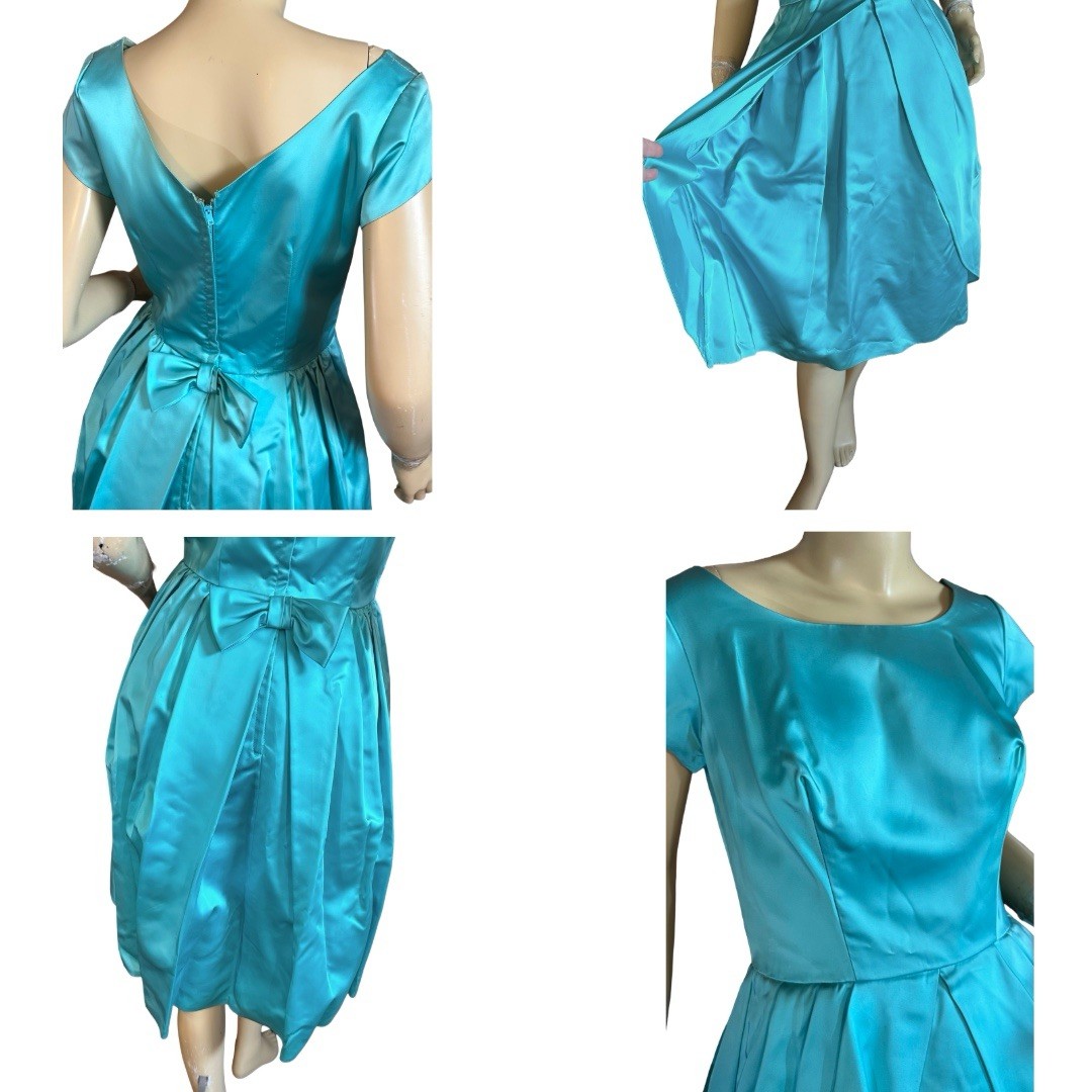 VINTAGE CIRCA 1950’S AQUA BLUE SATIN BUBBLE HEM PARTY DRESS SZ APPX SMALL