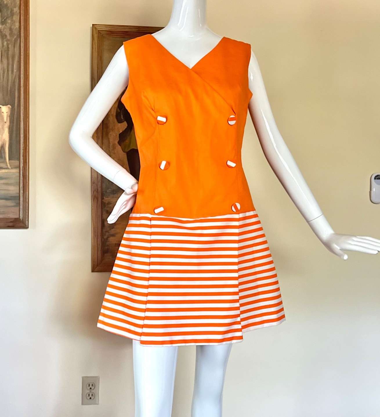 MOD Vtg 1960s Youthquake Twiggy Striped Sailor Mini Scooter Skort Dress L Volup