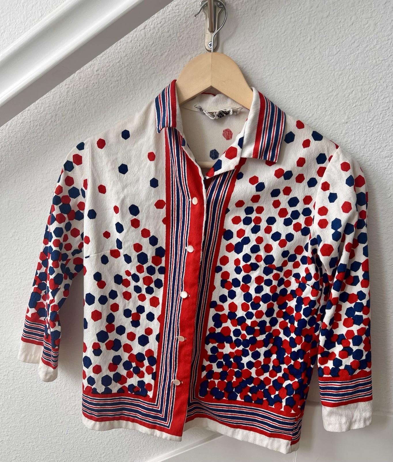 Cellini Vintage Cotton Collared Button-Front Shirt Size 10 Red White Blue Japan