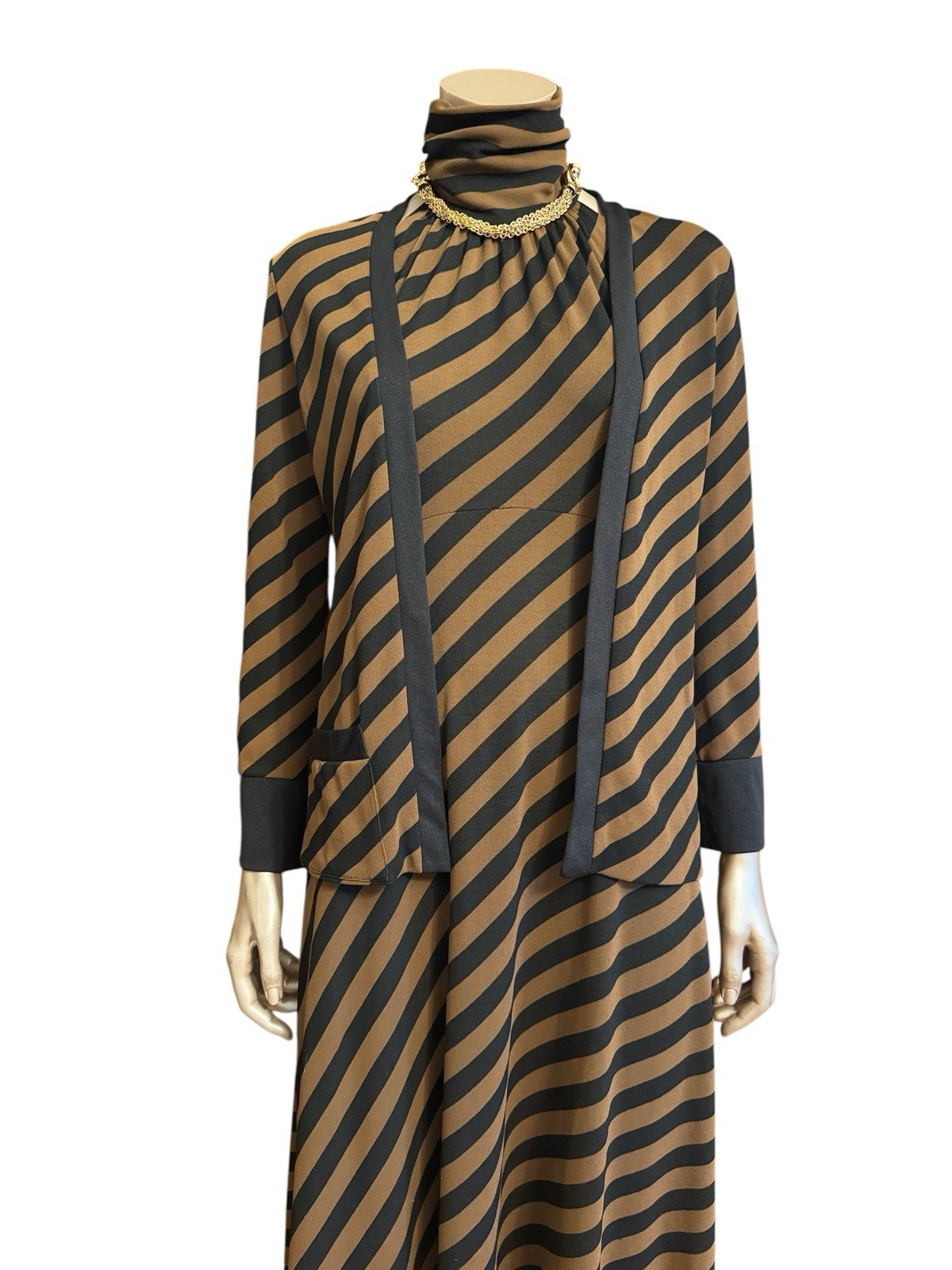 Vintage 1970s Striped High Neck Dress Sexy Open Back And Matching Jacket