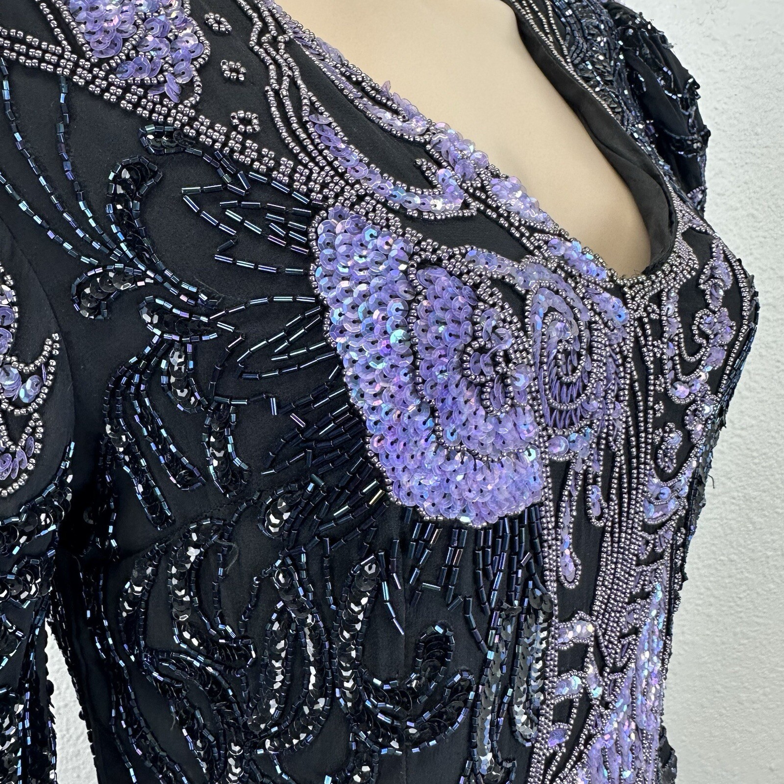 Vtg Fully Beaded Sequin Silk Mini Dress Tunic Peacock Great Gatsby Dancer M