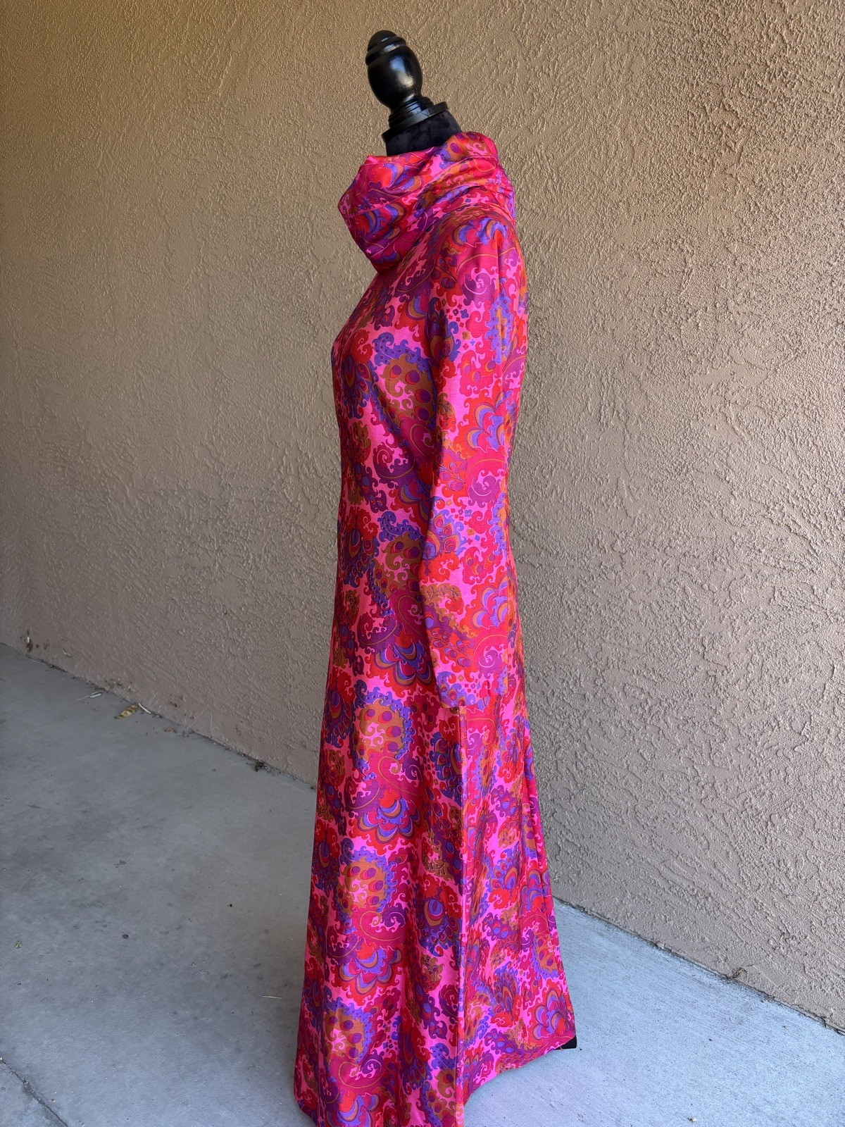 Vintage Thai Silk Bright Pink Psychedelic Cowl Neck Maxi Dress