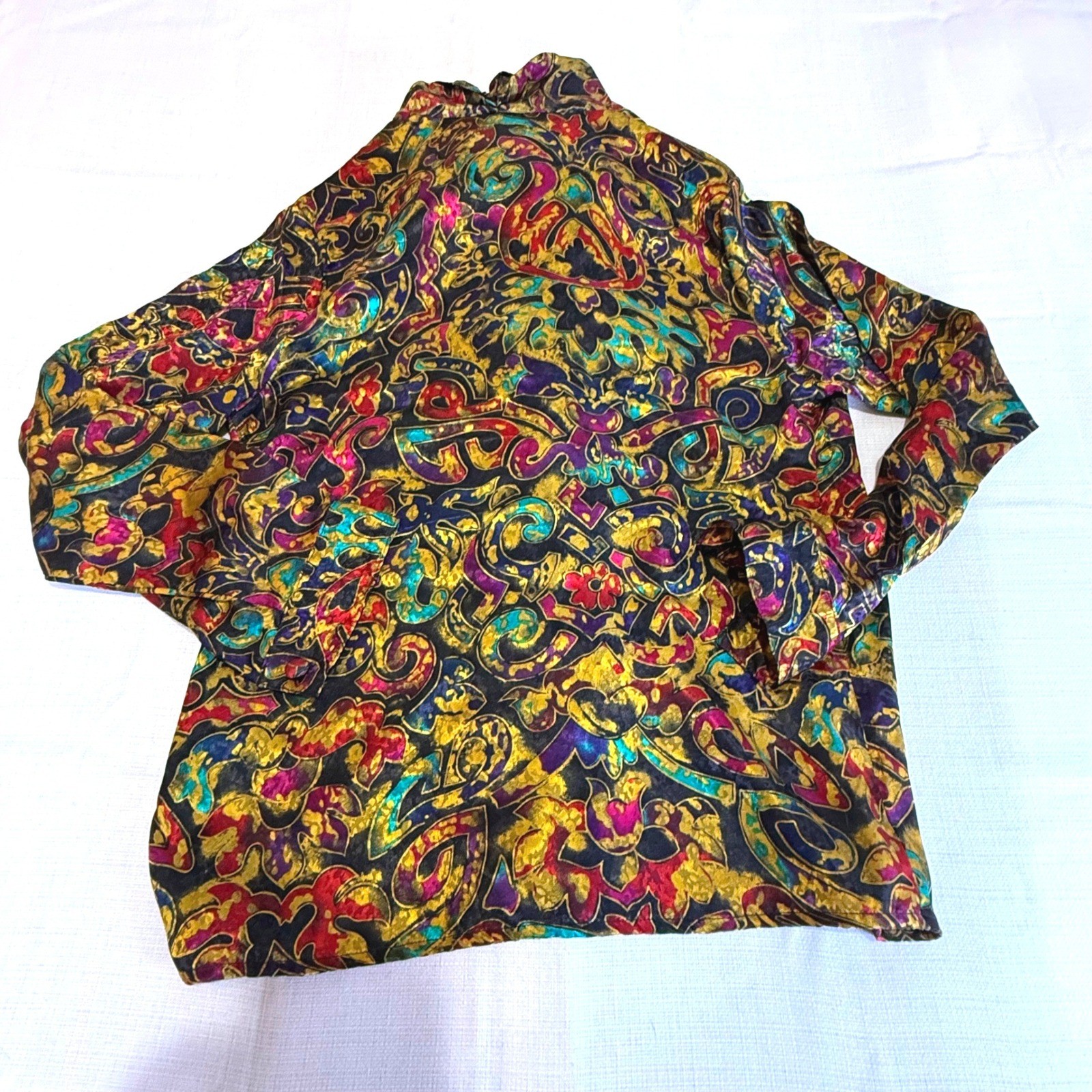 Vintage Jewel Tone Baroque Paisley Satin Pussybow Tie Neck Blouse Top