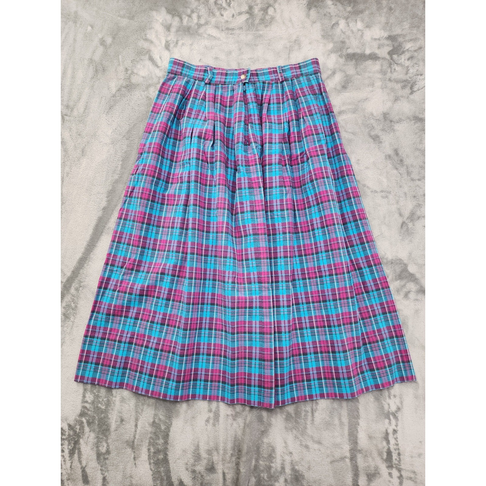 Vintage 80s Gotcha Covered Plaid Cotton Pleated Midi Skirt Size 14 Blue Preppy