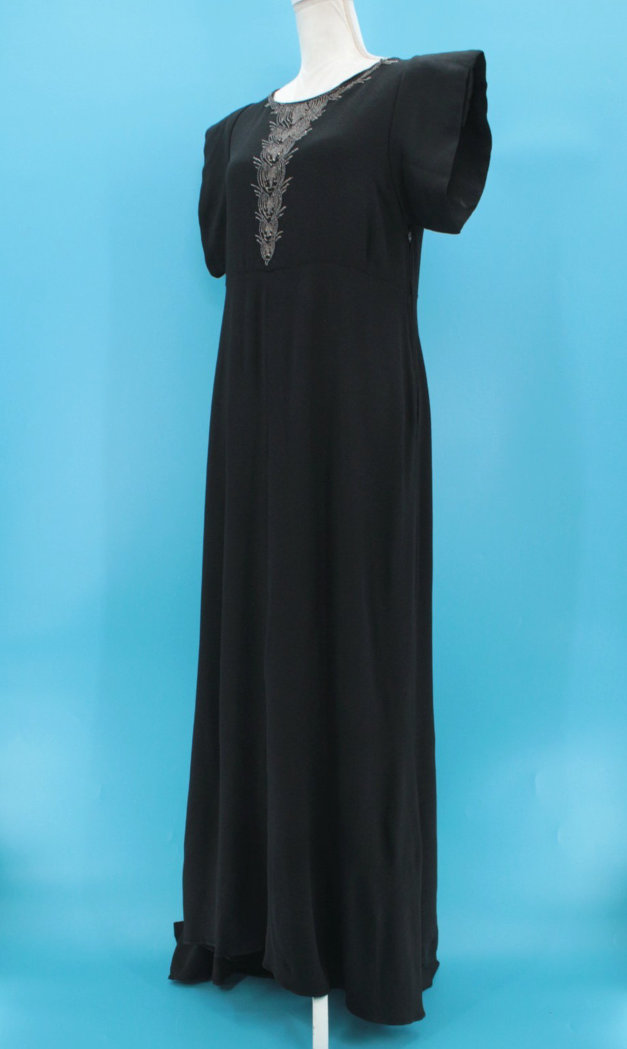 VTG Women’s 30s Black Rayon Beaded Front Maxi Dress / Gown Sz S/M 1930s