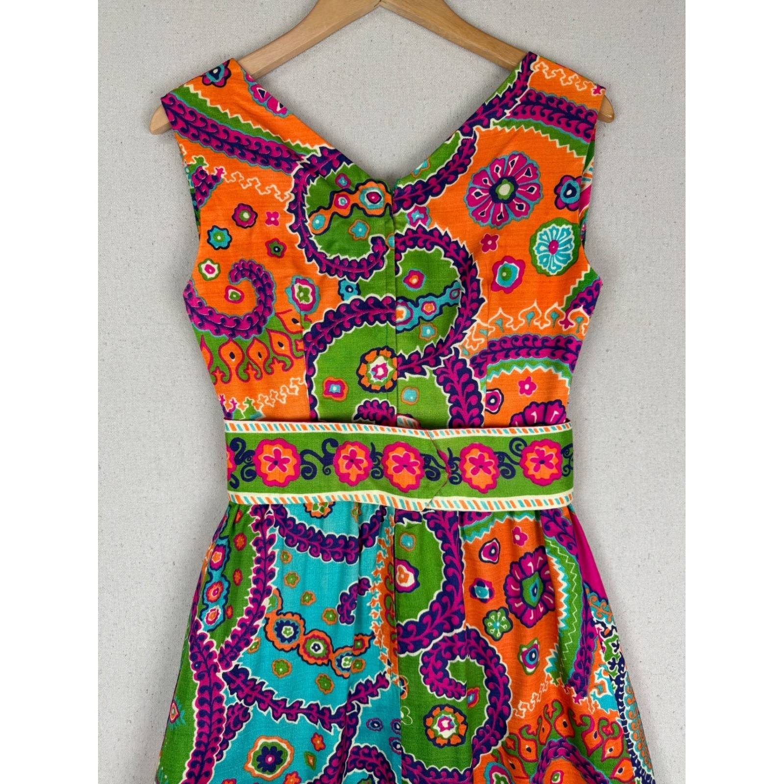 VTG Psychedelic Paisley Floral Maxi Dress Pink Orange Green Garden Party Boho