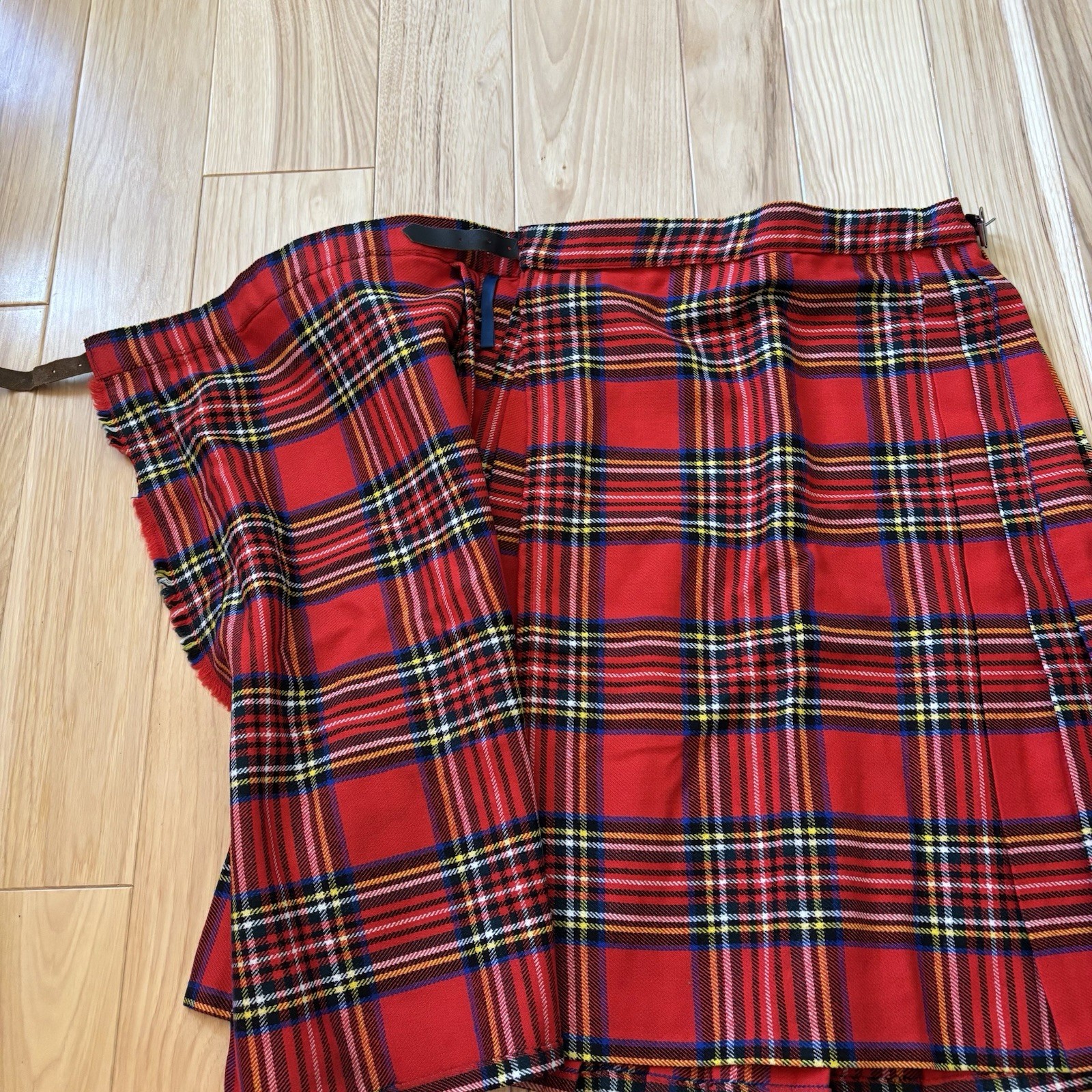 Vintage Pleated Red Plaid Wool Blend Buckle Accent Wrap Style Skirt