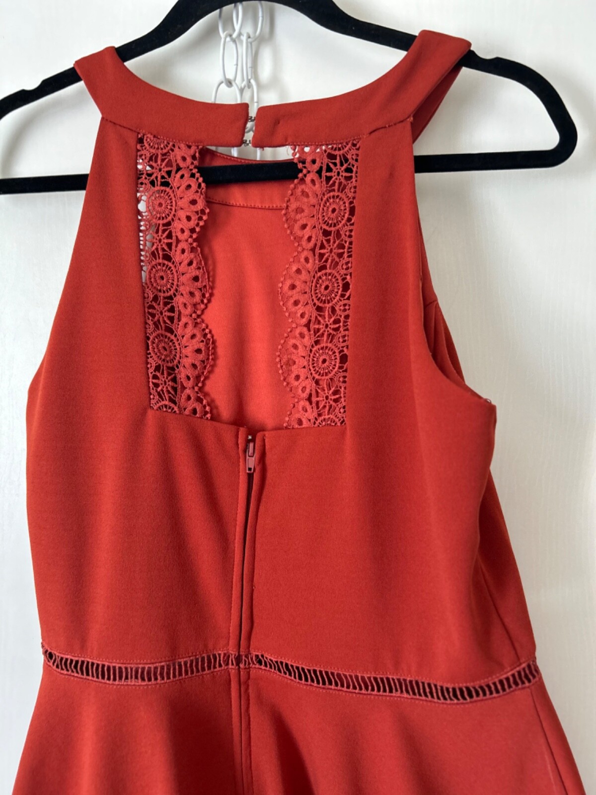Vintage Francesca’s Dress Sz L copper Rust with lace & crocheted Y2K 90’s Flare