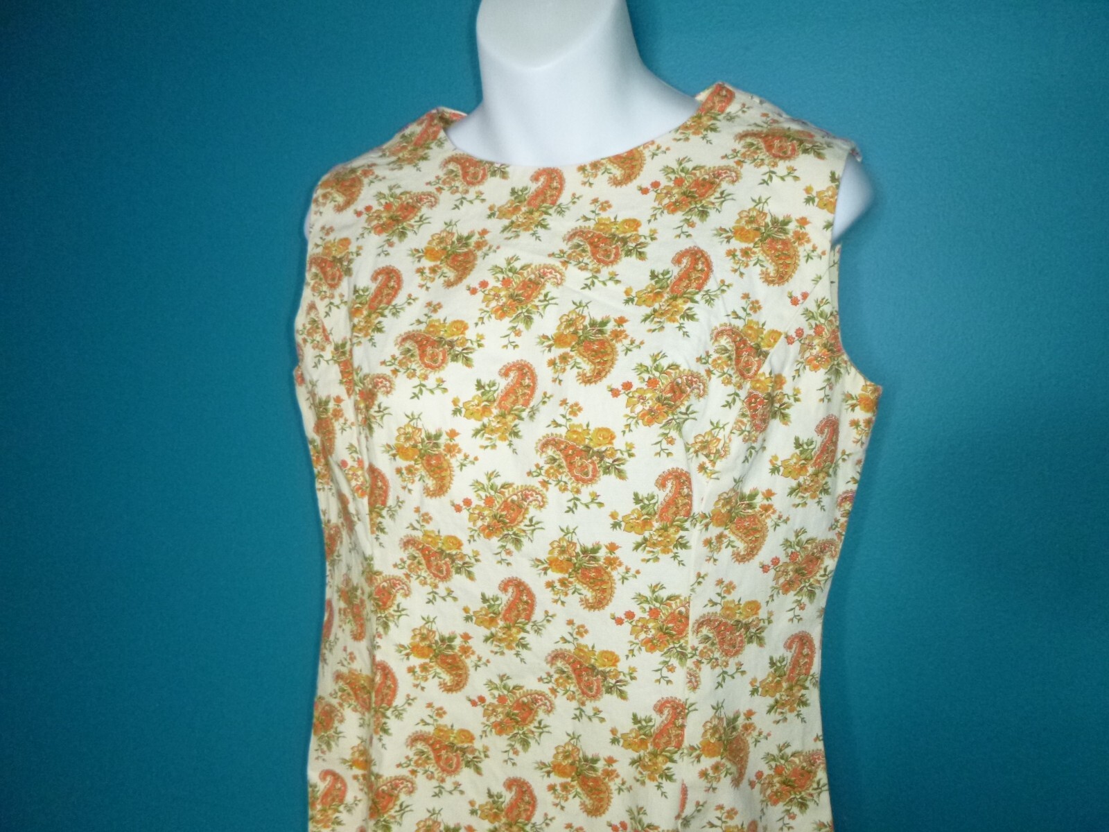 Vtg 60s Heavy Cotton Shift Dress Orange GOld Flowers & Paisleys Sz M/L