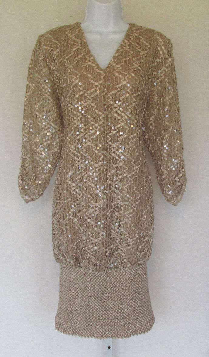 VINTAGE 1960s 70s MOD SIASIA DRESS MOCHA LACE RIBBONS SEQUINS SOUTACHE SIZE 12