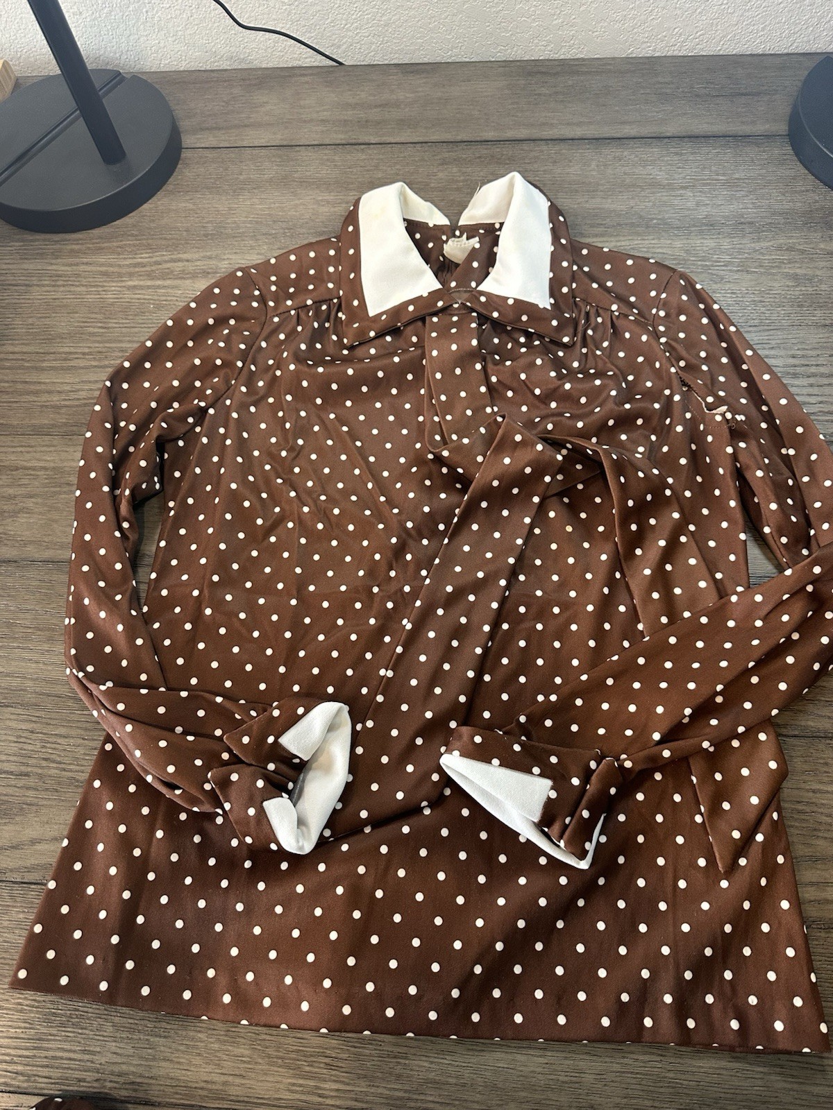 Vintage Polyester Skirt And Blouse Brown Polka Dots Size 12