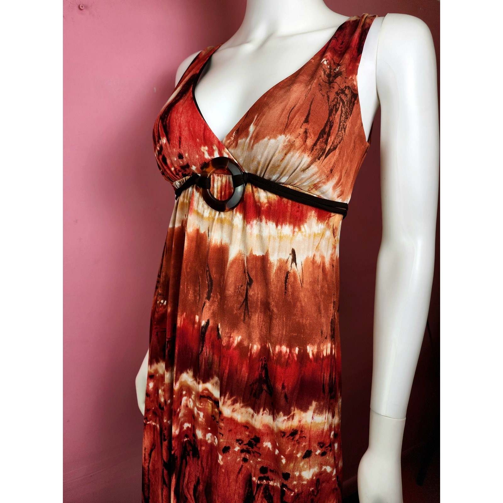 Vintage Y2K Fire Tie Dye Red Rust Brown Tortoise Shell Bead Maxi Dress by BCX