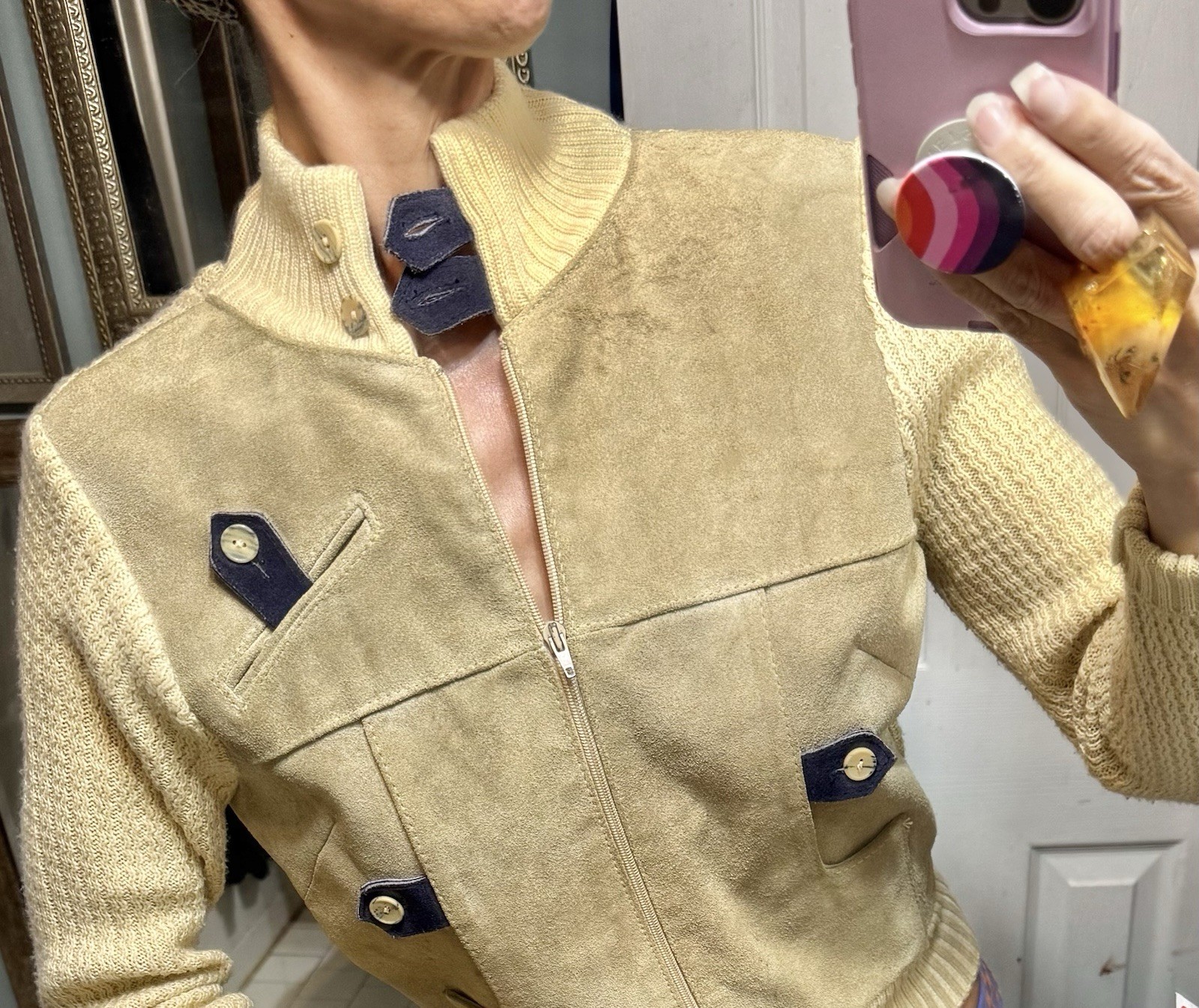 Vtg Suede Leather Acrylic Sweater Jacket Arpeja Taiwan Organically Grown Beige S