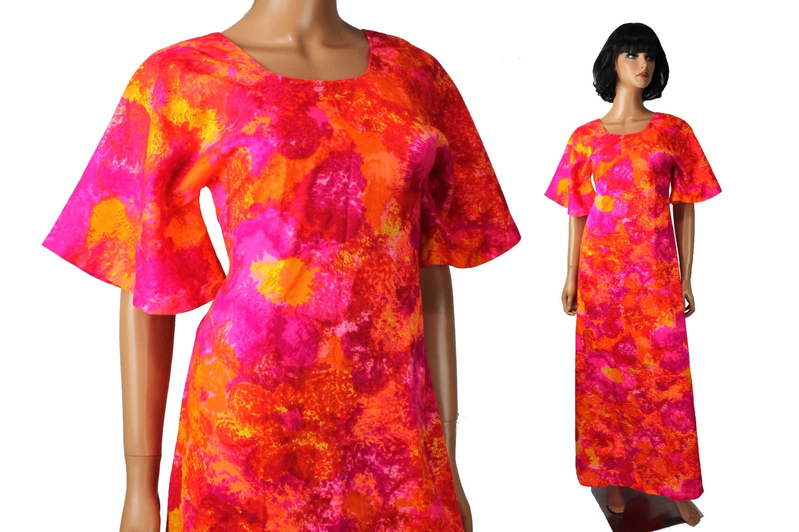 70s Hawaiian Maxi Dress Sz XS Vintage Bright Orange Pink Floral Long Cotton Mumu