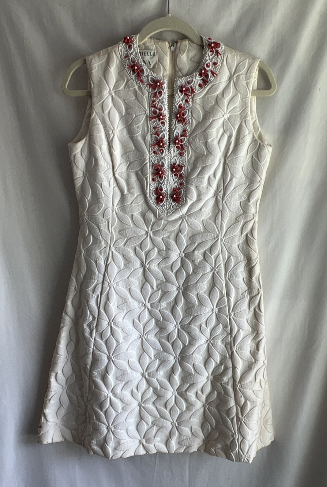 1960s Nardiello For Rona Sleeveless Dress Embossed Floral & Coral Beads Pockets!