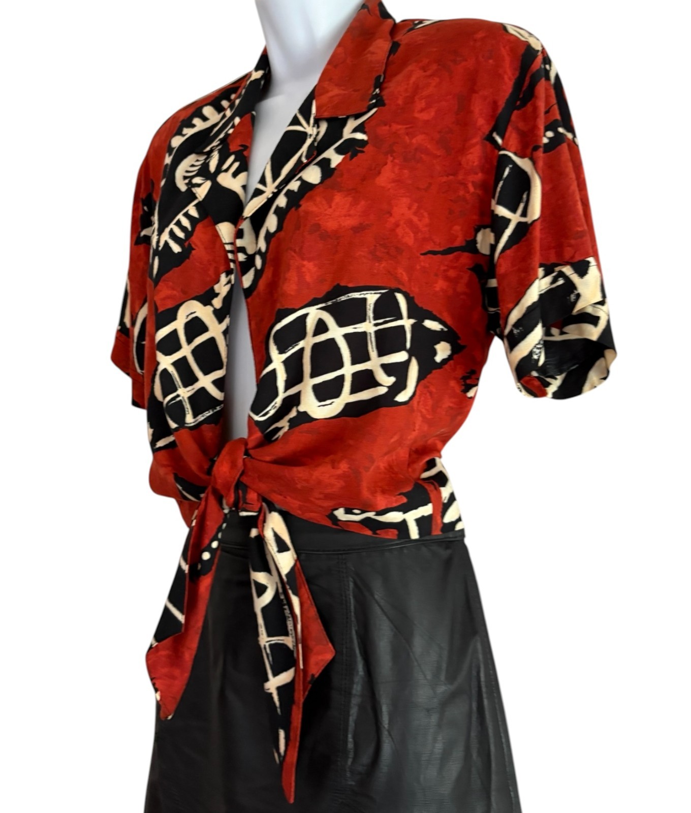 Vintage 80s-90s Tie Front Blouse Batik Rayon Shirt Open Front Virgo II S/M