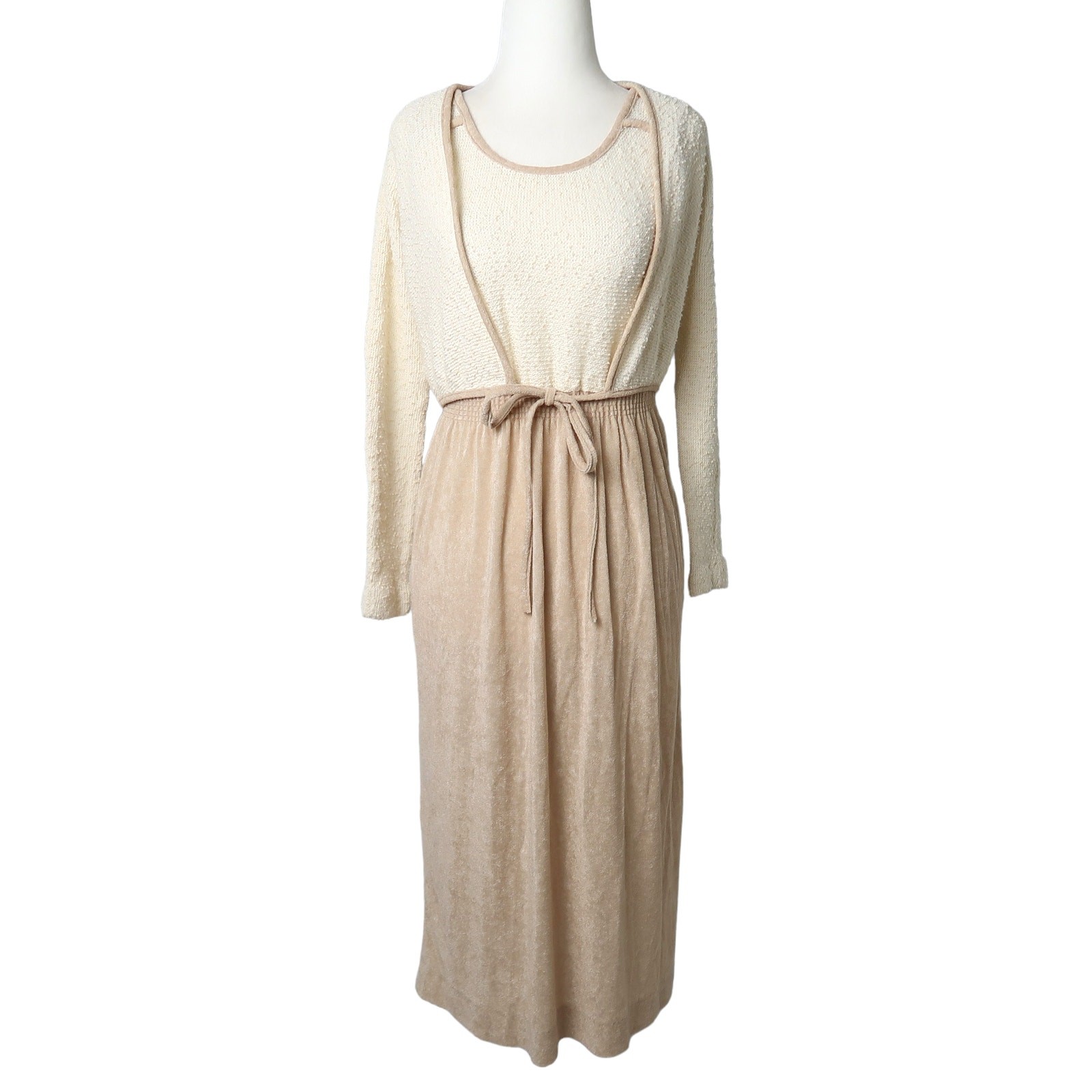 Vintage 70s Jerell cream and tan textured knit midi dress bolero set S