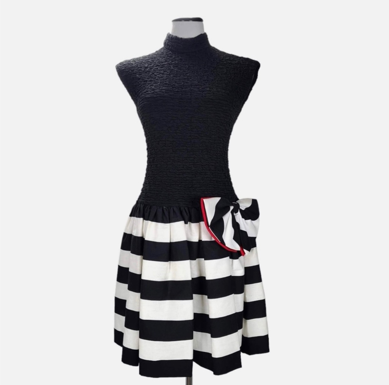 Vintage 80s Huey Waltzer Darcy Party Dress Size S Striped Drop Waist Full Skirt