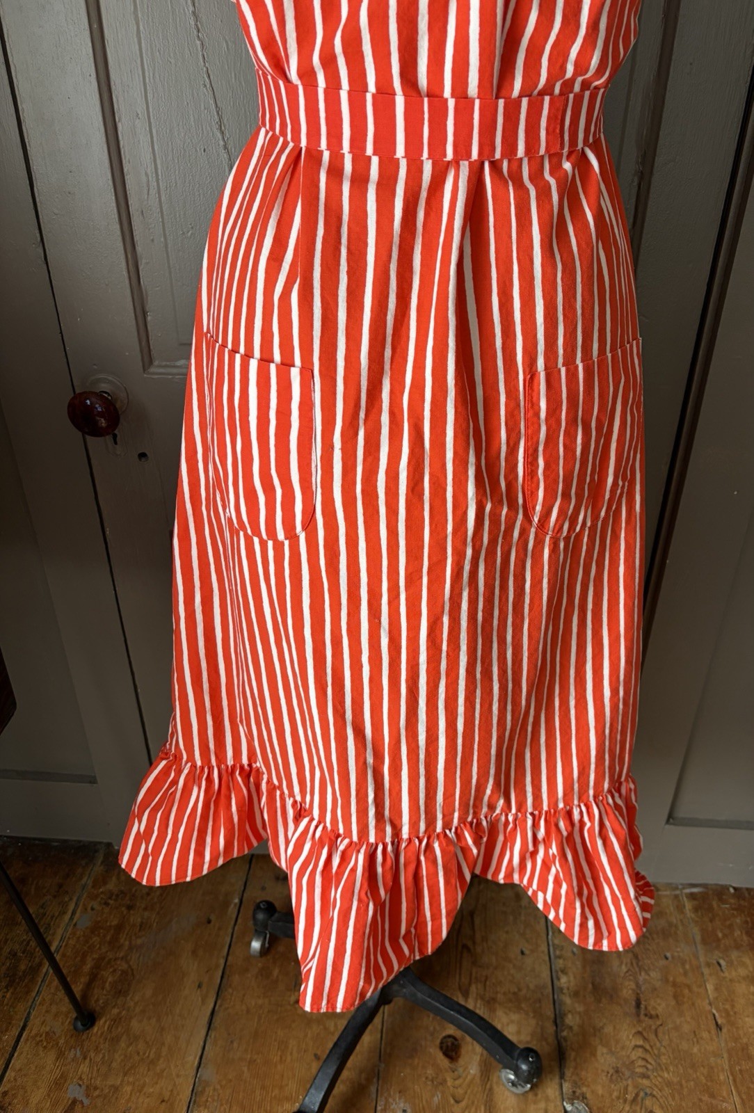 Vintage 1960s 1970s Marimekko Mariessu Red White Piccolo Stripe Apron Dress S
