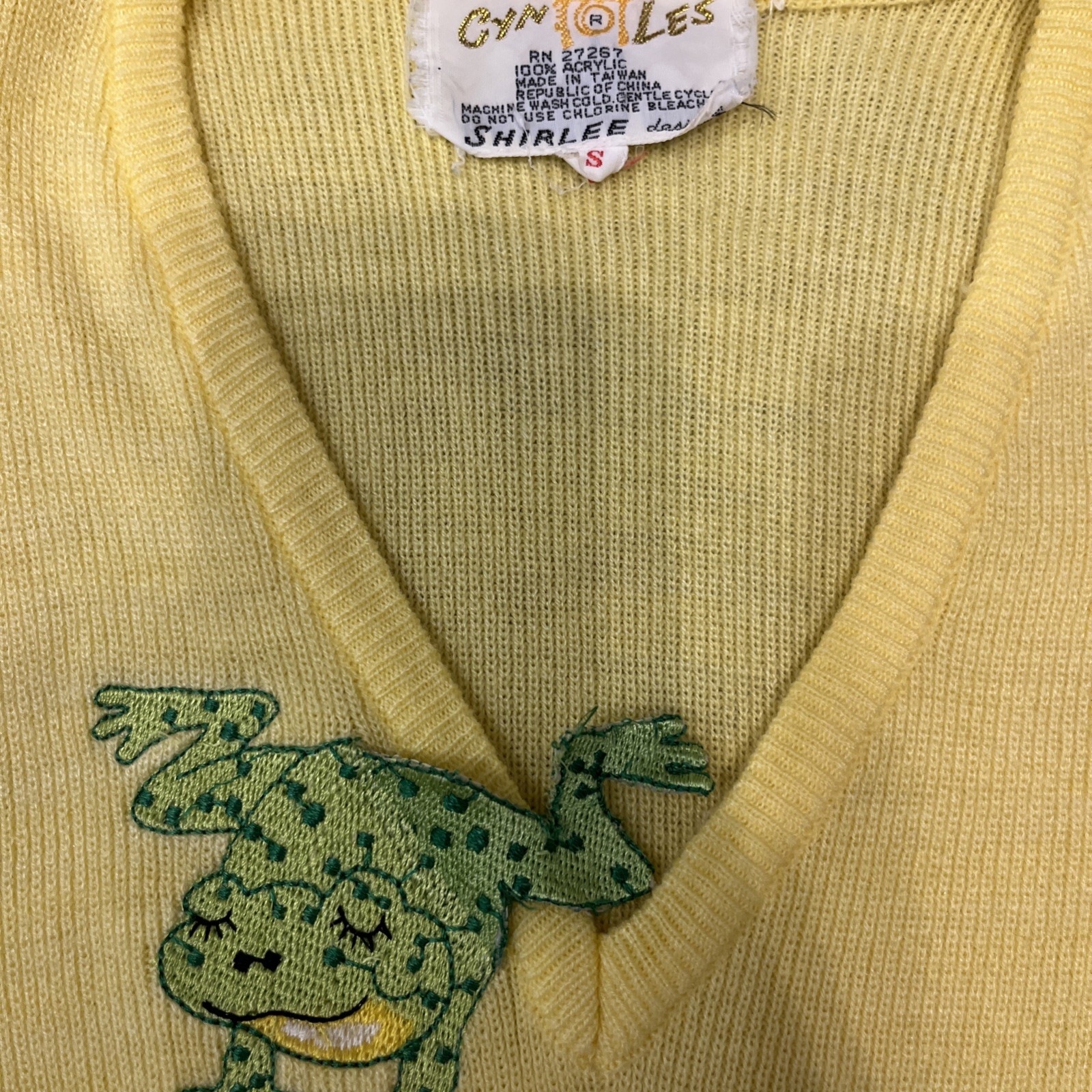 Cyn Les By Shirlee Vtg 1970’s Yellow Pullover Sweater With Pond Frogs Applique S