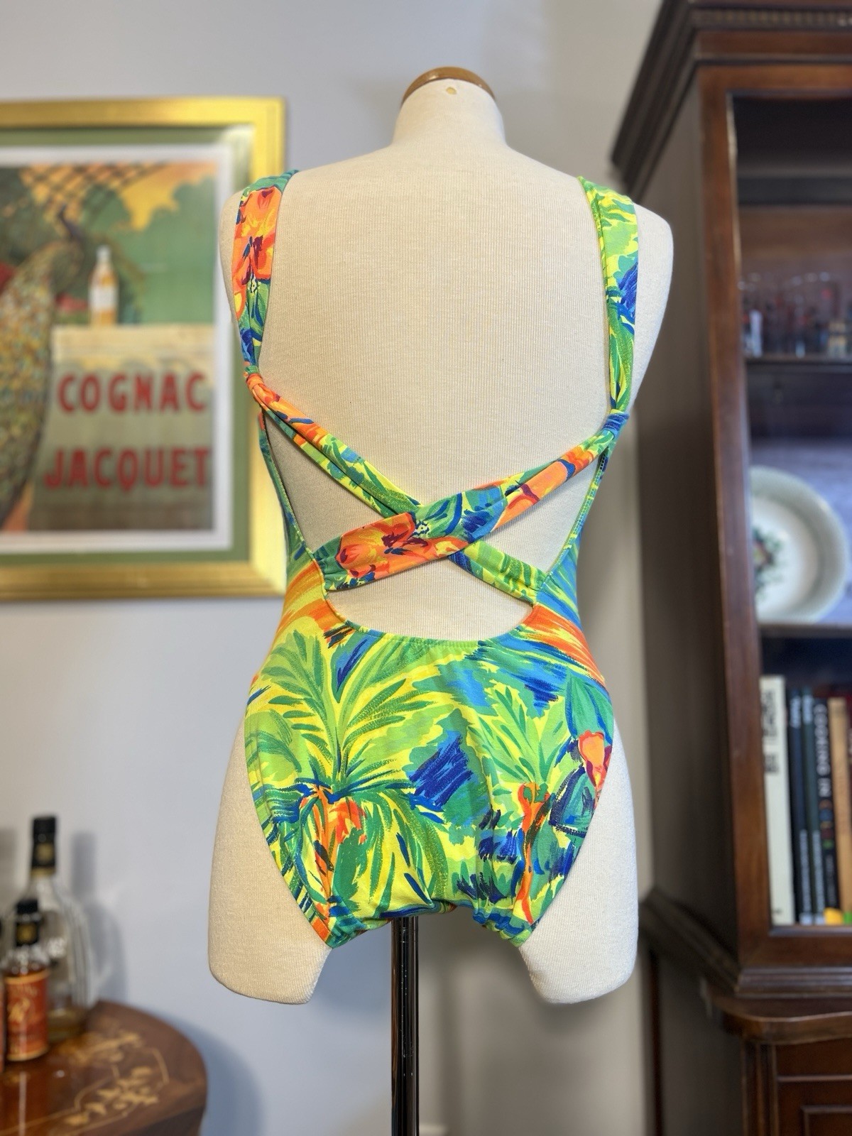 Vintage 1990s Deadstock Neon Hawaiian Criss-Cross Palm Swimsuit