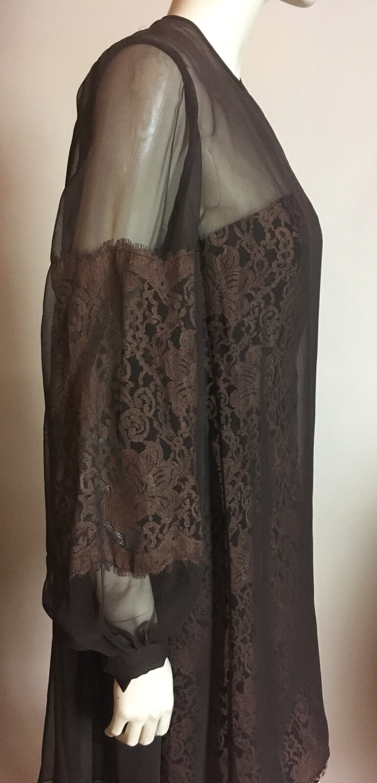 1980s Vintage Travilla YT Brown Sheer Draped Chiffon Gold Lace Cocktail Dress XS