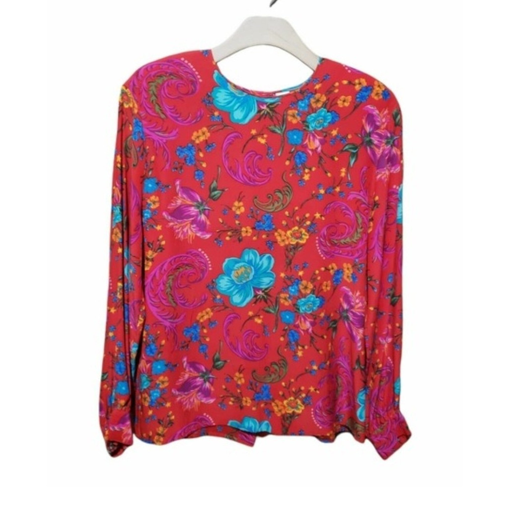 Vintage Liz Claiborne Collection 100% Silk Floral Print Shirt Red Size 10