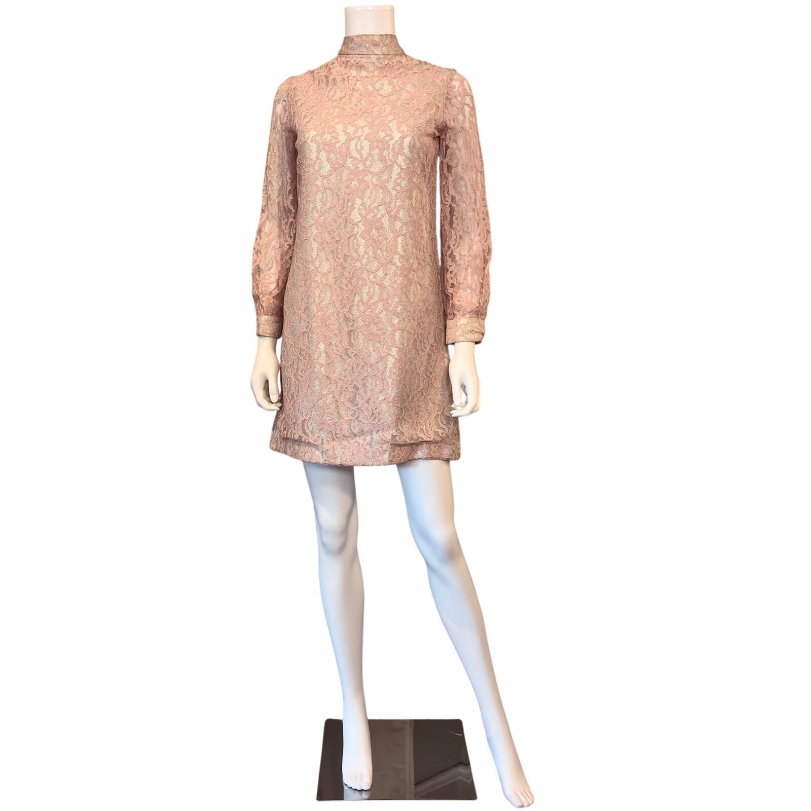 Vtg 60s Pink Metallic Lace Mini Dress S/M High Neck Mod Party Go-Go Sheer Sleeve
