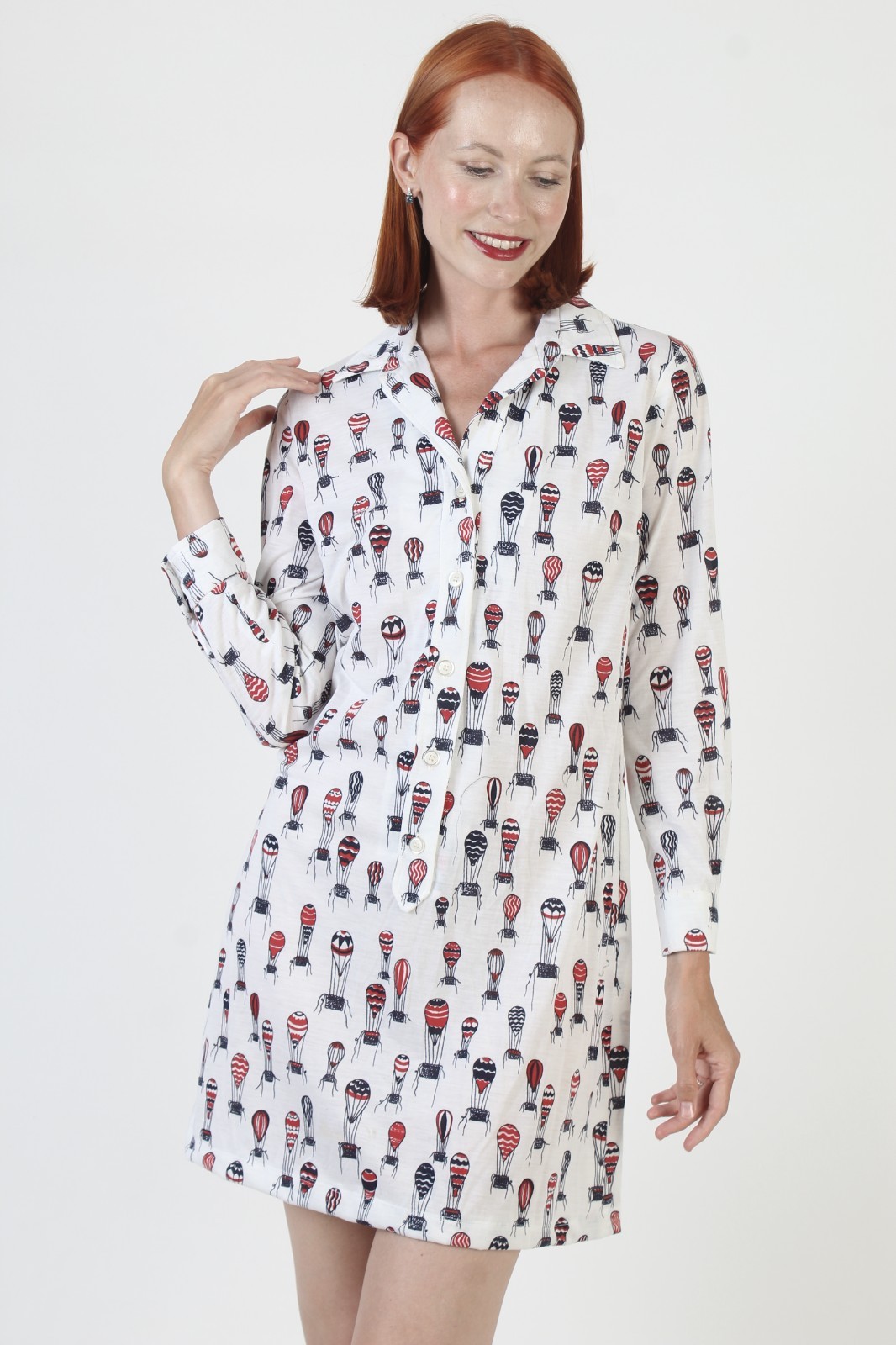 Vtg Hot Air Balloon Shirt Dress Dagger Collar Button Up Novelty Print Sundress