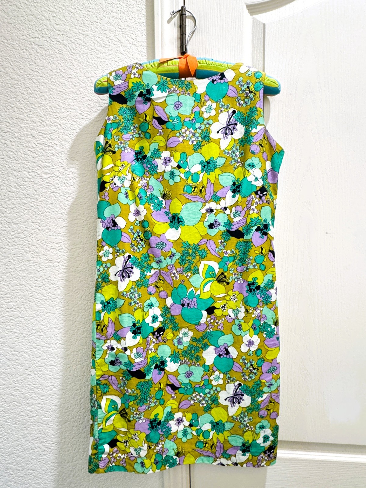 Vintage 1960s Green, Purple, Blue Floral Mini Shift Dress Small S
