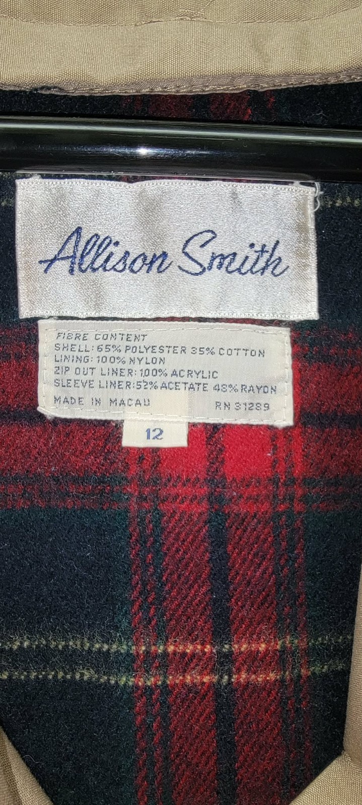 Vintage Allison Smith Plaid Lined VTG Trench Rain Coat Size 12
