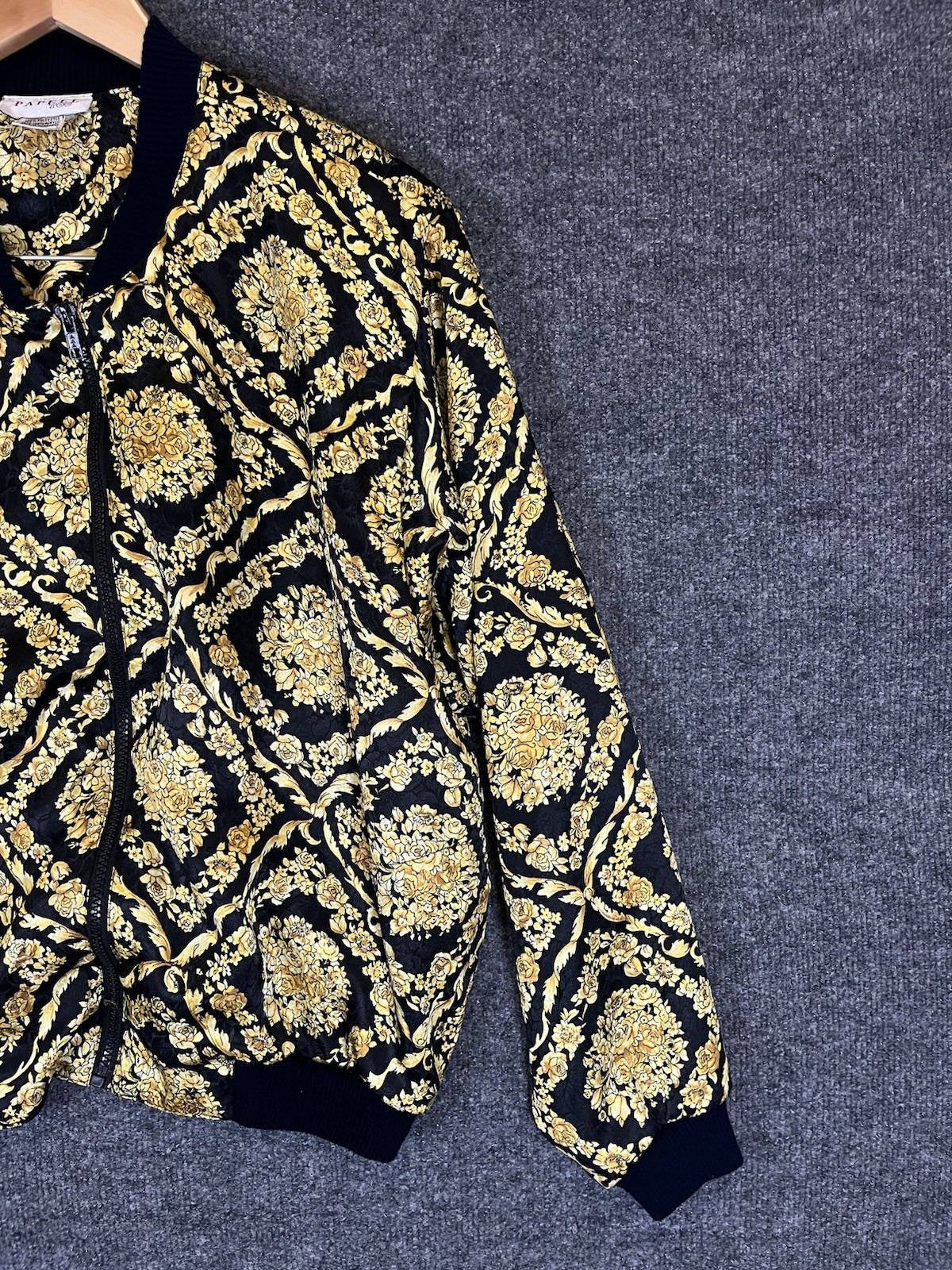 Vintage 80s 90s Papell Too Baroque Gold Floral Bomber Jacket Padded Shoulders