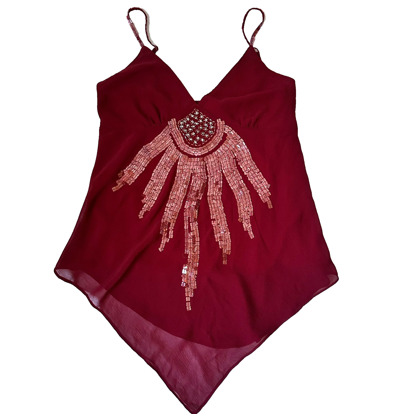 VTG Y2K Beaded Tank Top Red Sz L Whimsical Fairy Babydoll Witchy Flowy Delicate