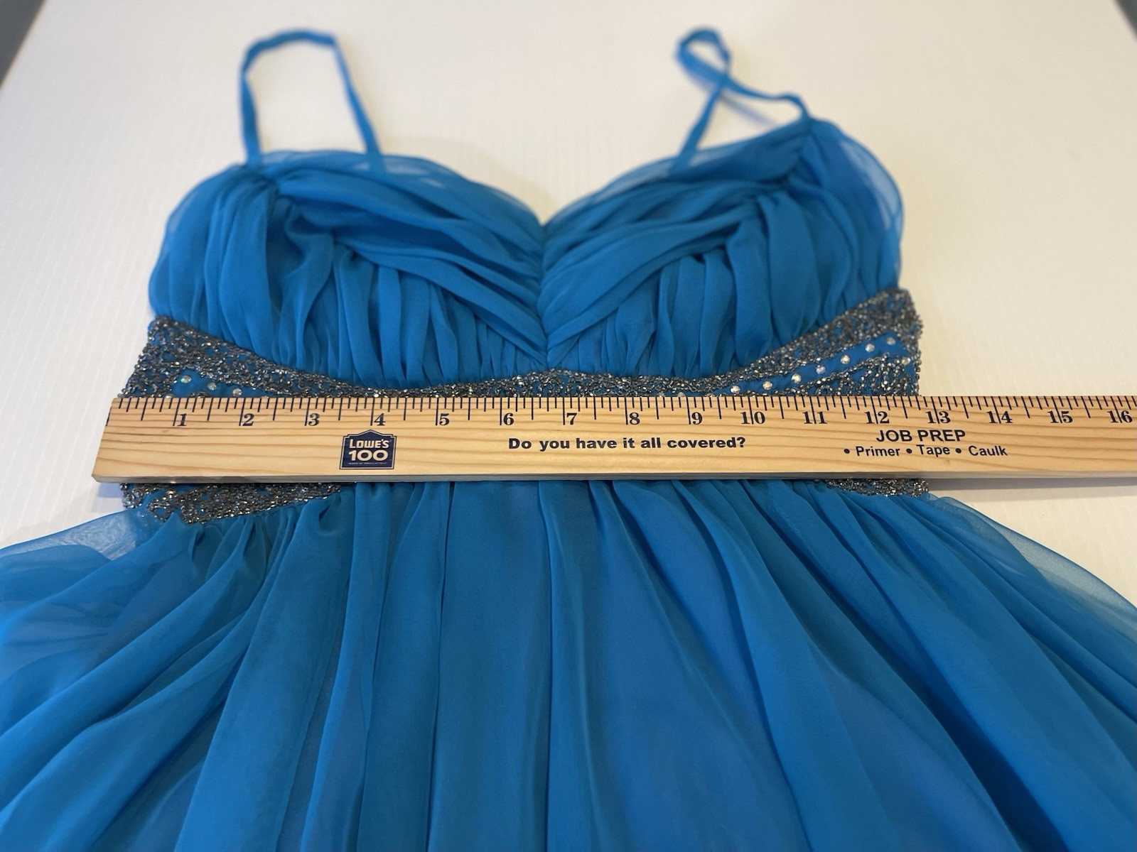 Vintage Ball Gown 1970s Mike Benet Blue Dress White Silver Beads Sequins Chiffon