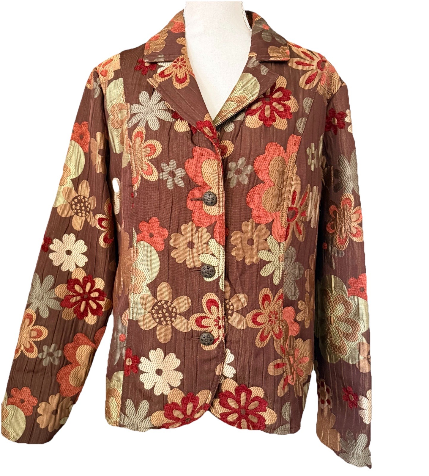 Erin London Brown Floral Blazer Sz XL Burnt Orange Tan Burgundy Green Artsy Boho