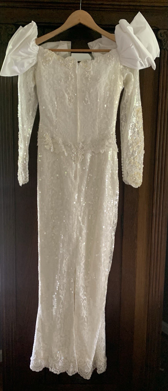 Vintage 80’s-90’s Sequin Beaded Ivory Formal Dress Gown Bow Sleeves Wedding Prom