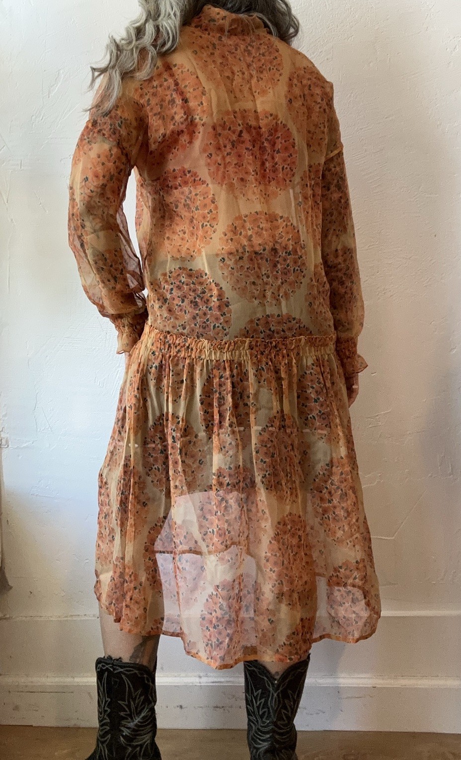 20s 30s Vintage Sheer Drop Waist Chiffon Dress Large Floral antique