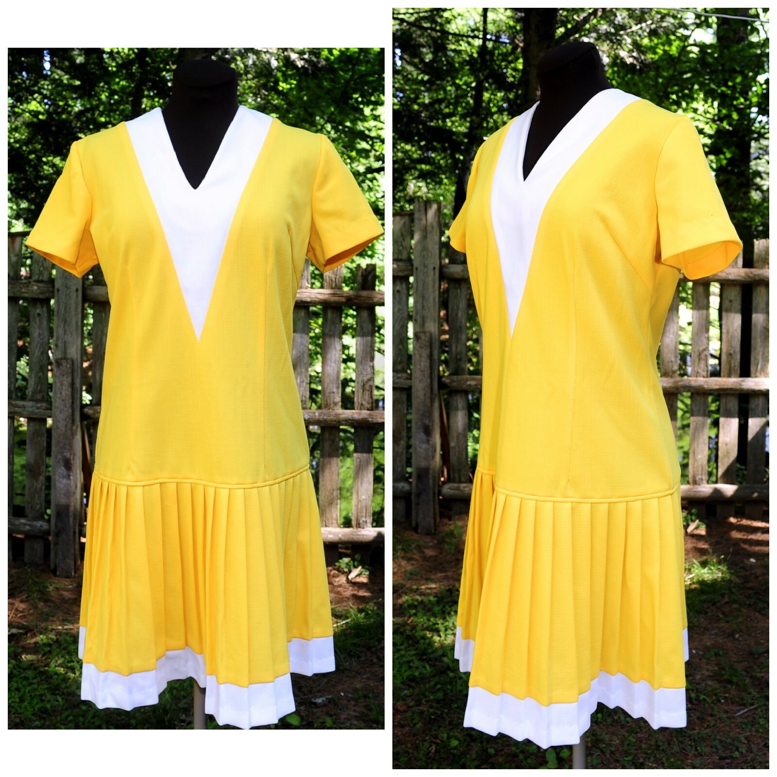 Vintage 60’s Bright Sun Yellow Pleated Poly Scooter Shift Dress MED „V” Neckline